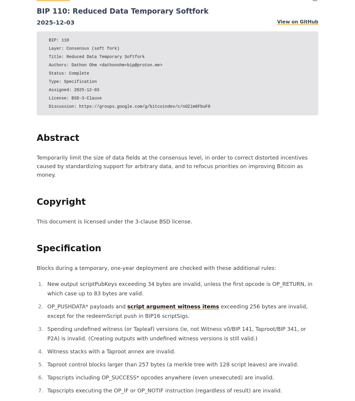 The BIP-110 specification on bips.dev: title Reduced Data Temporary Softfork, the abstract, and the seven numbered consensus rules, including rule 7, that Tapscripts executing OP_IF or OP_NOTIF are invalid.
