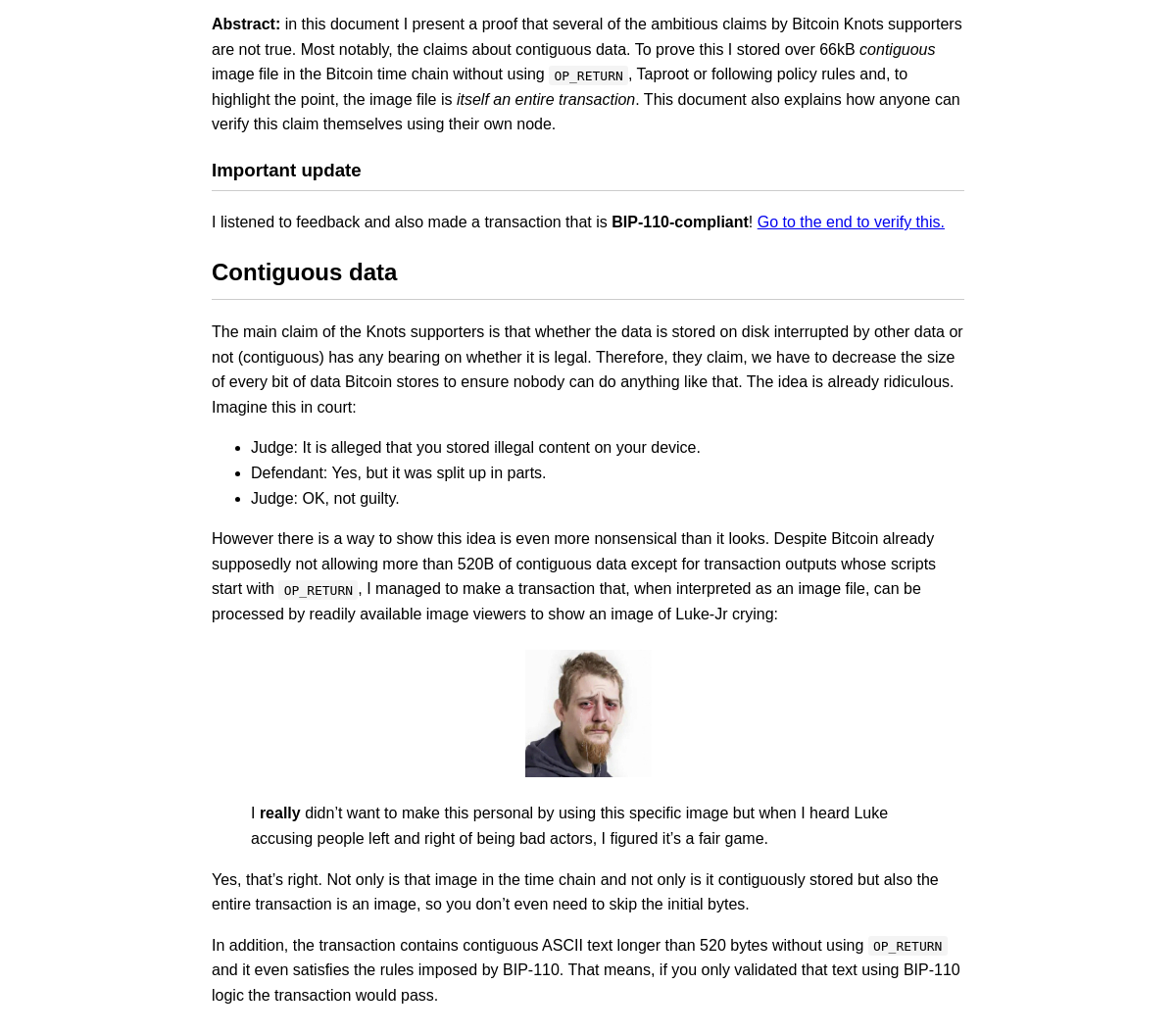 The top of knotslies.com: an abstract explaining a 66KB contiguous image was stored on Bitcoin without OP_RETURN or Taproot, a court-analogy joke about splitting up illegal content, the image of Luke-Jr, and the bitcoin-cli command to verify it on your own node.