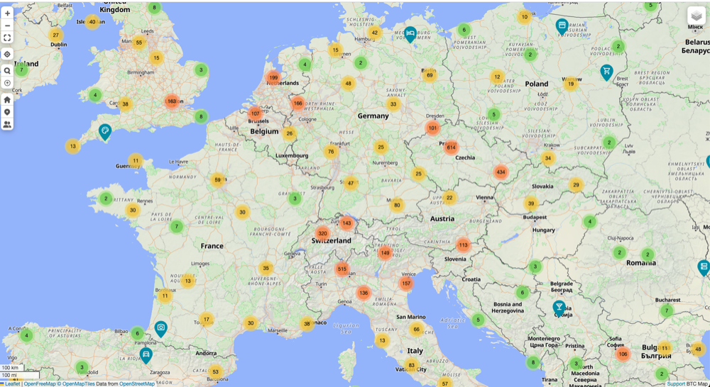 BTC Map showing shops and cafes accepting Bitcoin across Europe.