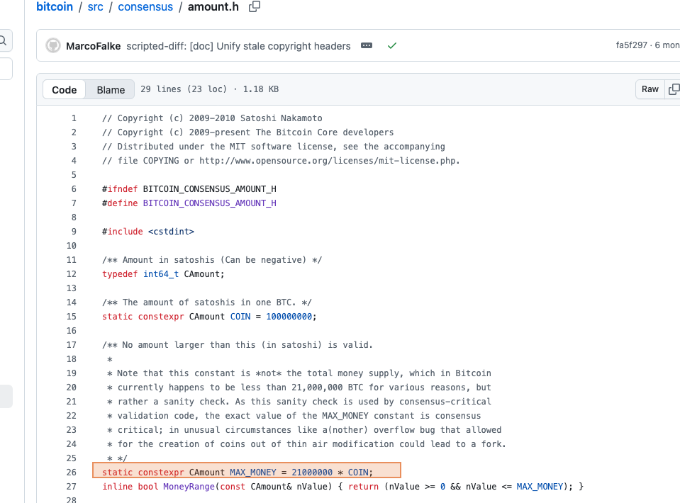 The Bitcoin Core source file src/consensus/amount.h, with line 26 highlighted: static constexpr CAmount MAX_MONEY = 21000000 * COIN.