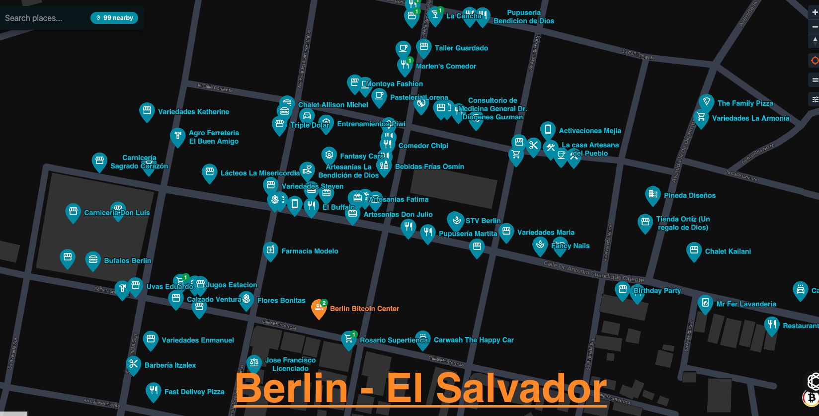 BTC Map of Berlin, El Salvador: nearly a hundred local businesses accepting Bitcoin.