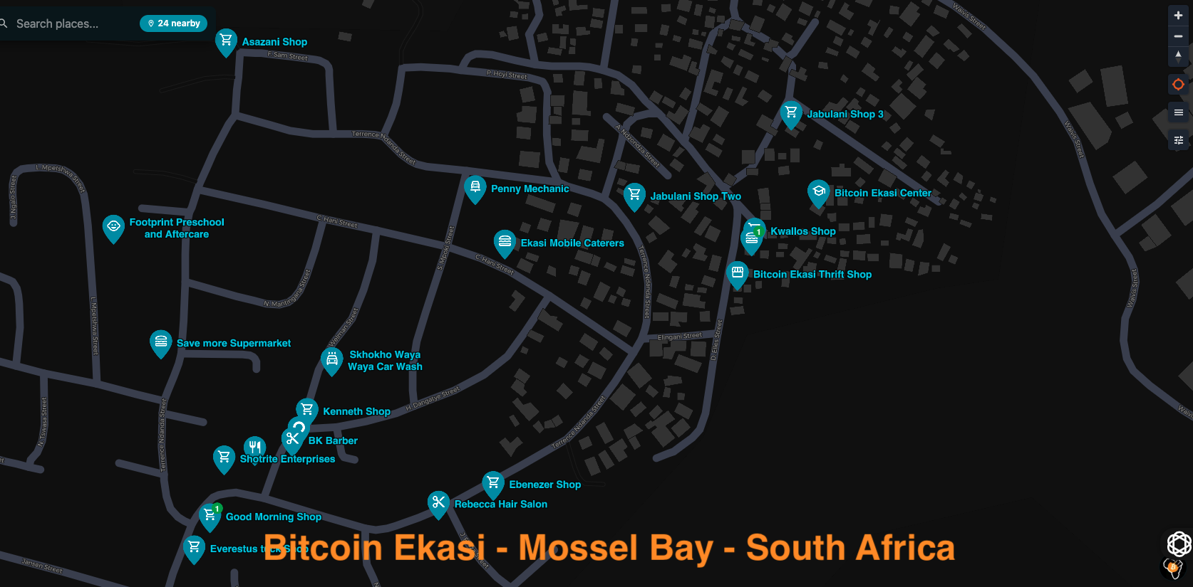 BTC Map of Bitcoin Ekasi in Mossel Bay, South Africa: dozens of local shops accepting Bitcoin.