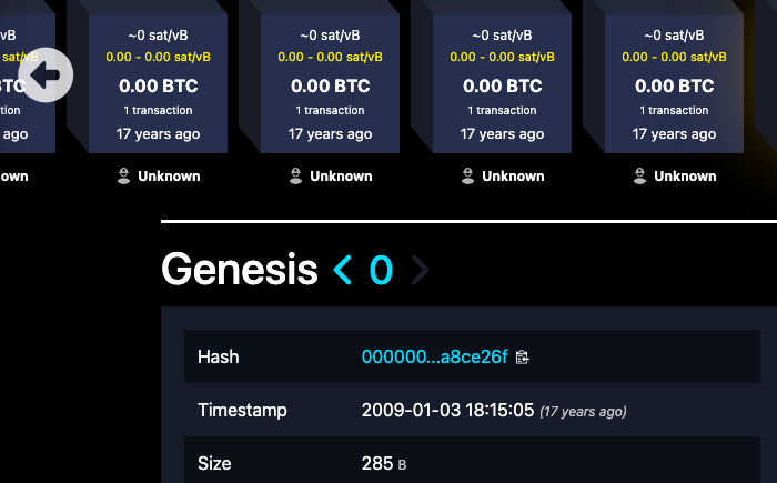 The Bitcoin genesis block on a public explorer, 3 January 2009.