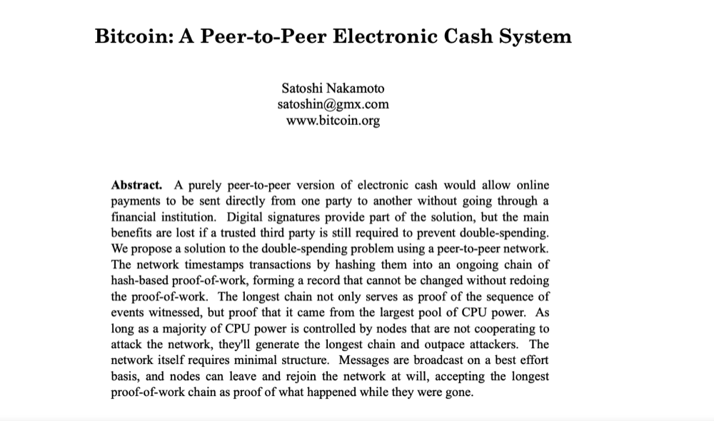The Bitcoin whitepaper, Bitcoin: A Peer-to-Peer Electronic Cash System.