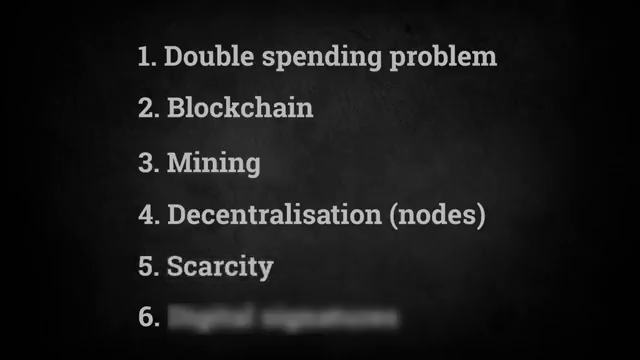 The six core concepts: double-spending, blockchain, mining, decentralisation, scarcity, digital signatures.